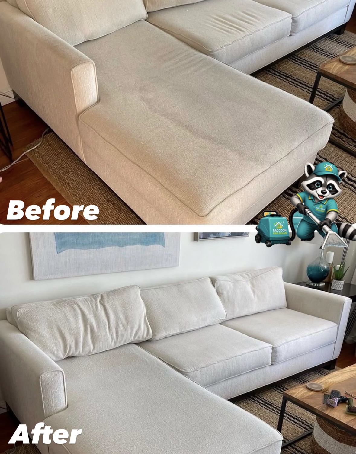 White sofa cleaning before and after