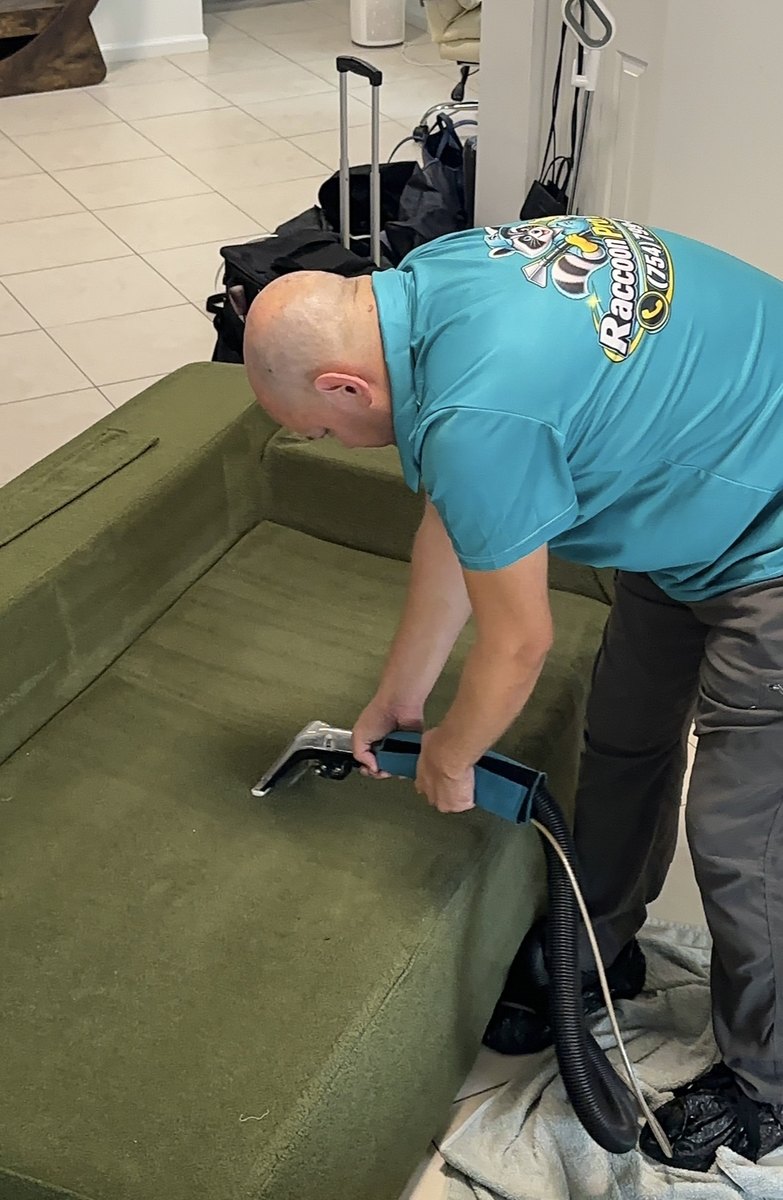 Cleaning a green sofa
